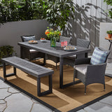 Outdoor 6-Seater Wood and Wicker Chair and Bench Dining Set - NH119503