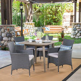 Outdoor 5 Piece Wood and Wicker Dining Set, Gray and Gray - NH021503