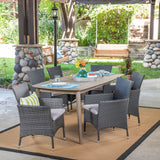 Outdoor 7 Piece Wood and Wicker Dining Set, Gray and Gray - NH571503