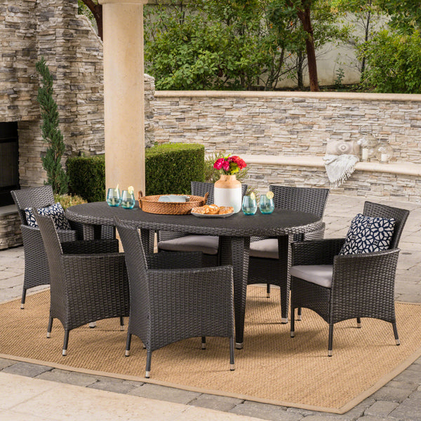 Outdoor 7 Piece Gray Wicker Oval Dining Set with Silver Water Resistant Cushions - NH946203