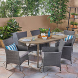 Outdoor 7 Piece Wood and Wicker Dining Set, Gray Finish and Gray - NH072503