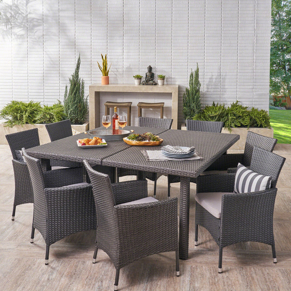 Outdoor 9 Piece Grey Wicker Square Dining Set with Silver Water Resistant Cushions - NH719303