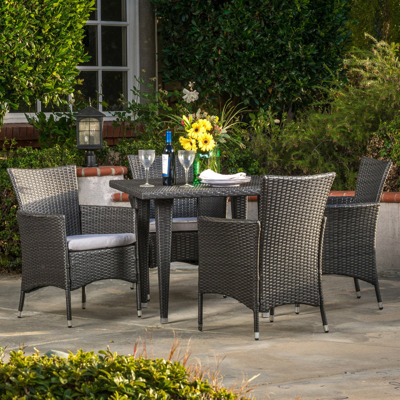 Outdoor 5-Piece Gray Wicker Dining Set with Gray Cushions - NH786692