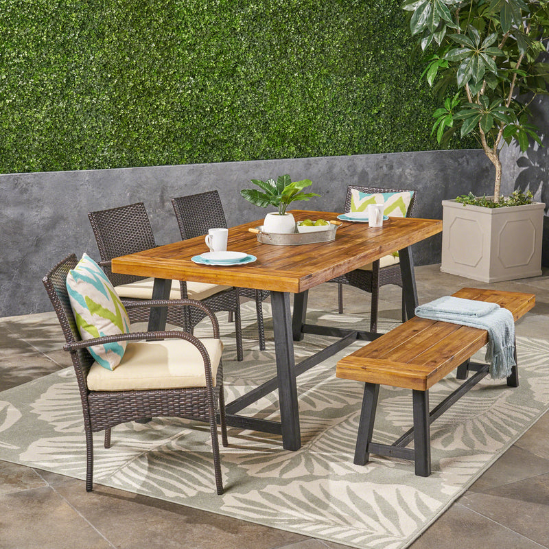 Outdoor 6 Piece Dining Set with Stacking Wicker Chairs and Bench, Sandblast Teak and Black and Multi Brown - NH942603