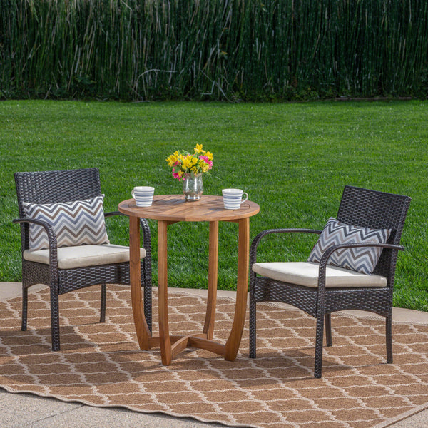 Outdoor 3 Piece Acacia Wood/ Wicker Bistro Set with Cushions, Teak Finish and Multibrown with Crème - NH203403