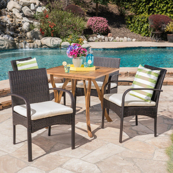Outdoor 5 Piece Acacia Wood/ Wicker Dining Set with Cushions, Teak Finish and Multibrown with Crème - NH803403