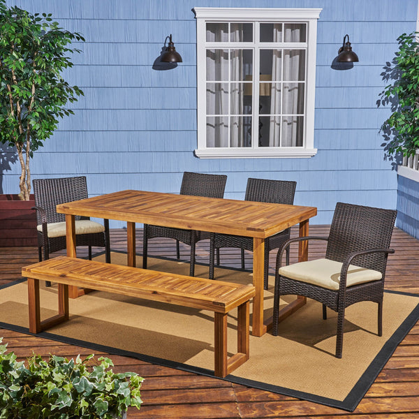 Outdoor 6-Seater Wood and Wicker Chair and Bench Dining Set - NH319503