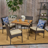 Outdoor Industrial Wood and Wicker 5 Piece Square Dining Set, Teak and Multi Brown and Crème - NH764503
