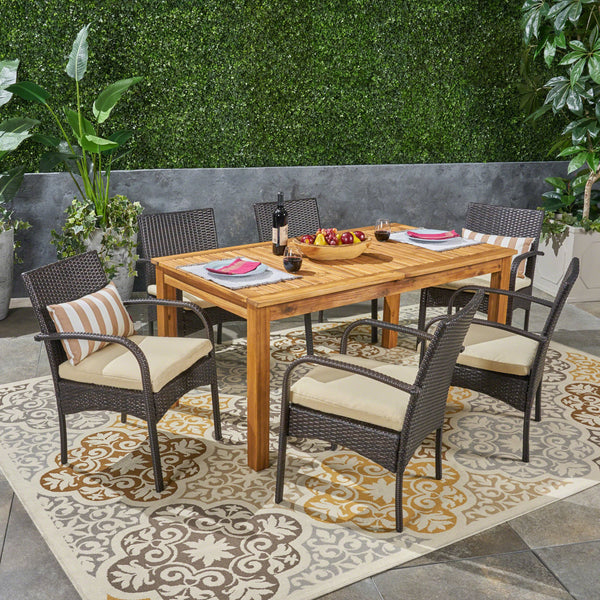 Outdoor 7 Piece Wood and Wicker Expandable Dining Set - NH154503