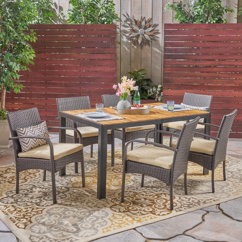 Outdoor 6-Seater Rectangular Acacia Wood and Wicker Dining Set, Teak with Black and Brown with Cream - NH603603