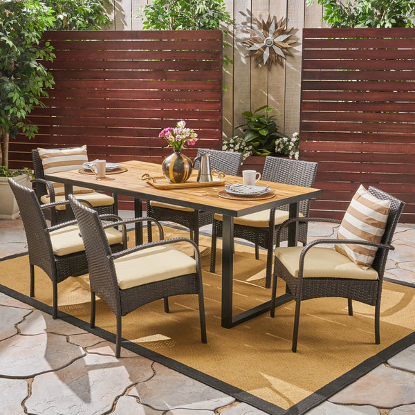 Outdoor 6-Seater Rectangular Acacia Wood and Wicker Dining Set, Teak with Black and Multi Brown with Cream - NH992603