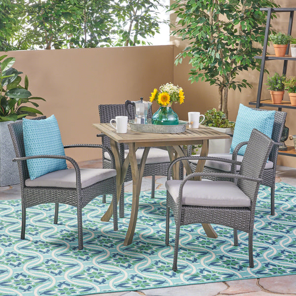 Outdoor 5 Piece Wood and Wicker Square Dining Set, Gray and Gray - NH122503