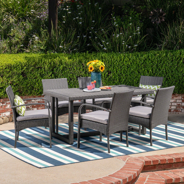 Outdoor 7 Piece Wicker Dining Set, Grey with Grey Cushions - NH137403
