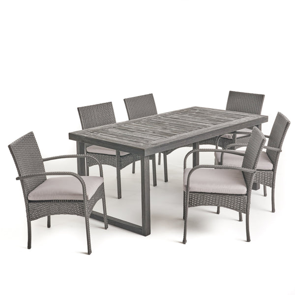 Outdoor 6-Seater Acacia Wood Dining Set with Wicker Chairs - NH870603