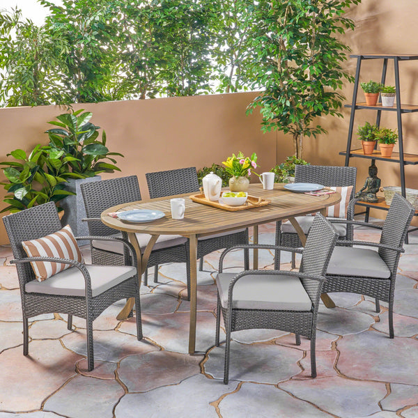 Outdoor 7 Piece Wood and Wicker Dining Set, Gray Finish and Gray - NH272503