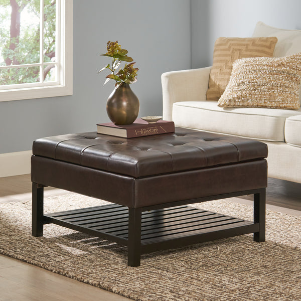 Tufted Brown Leather Square Storage Ottoman Coffee Table - NH401692