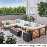 Outdoor Farmhouse Acacia Wood 8 Seater U-Shaped Sectional Sofa Set with Fire Pit - NH557603