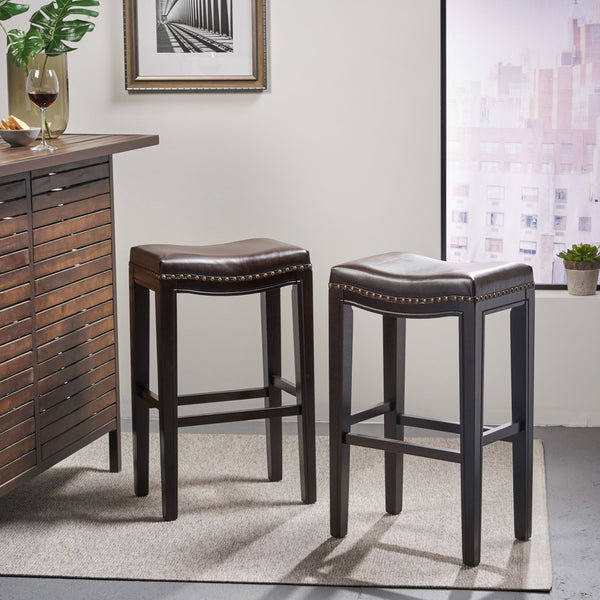 Backless Brown Leather 30-Inch Bar Stools (Set of 2 ) - NH116592
