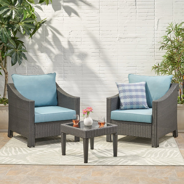 Outdoor 3 Piece Gray Wicker Chat Set with Teal Water Resistant Cushions - NH643303