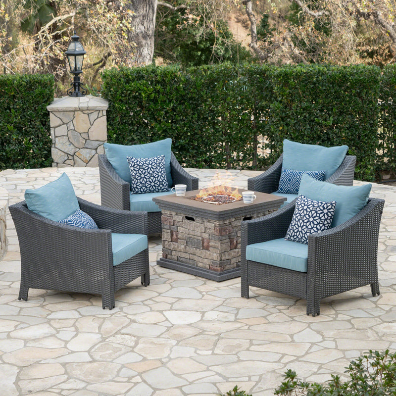 Outdoor 5 Piece Gray Wicker Chat Set with Stone Finished Fire Pit - NH943303