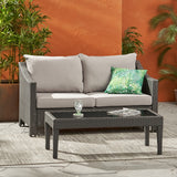 Outdoor Wicker Loveseat & Table w/Water Resistant Fabric Cushions - NH198992