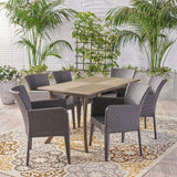 Outdoor 7 Piece Wood and Wicker Dining Set, Gray with Gray Chairs - NH010503
