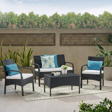 Outdoor 4 Piece Black Wicker Chat Set with White Water Resistant Cushions - NH303303