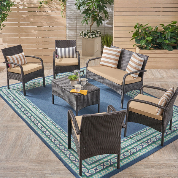 Patio Conversation Set, 6-Seater with Loveseat, Club Chairs, and Coffee Table, Brown Wicker with Tan Outdoor Cushions - NH842703
