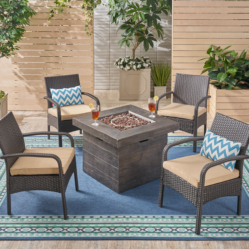Patio Fire Pit Set, 4-Seater with Club Chairs, Wicker with Outdoor Cushions - NH052703