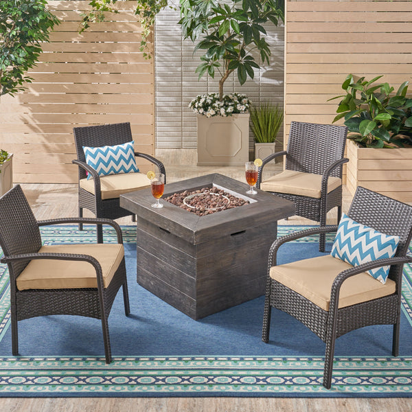 Patio Fire Pit Set, 4-Seater with Club Chairs, Wicker with Outdoor Cushions - NH052703