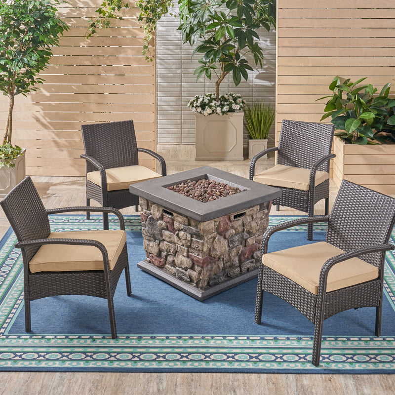 Patio Fire Pit Set, 4-Seater with Club Chairs, Wicker with Outdoor Cushions - NH152703