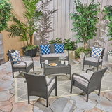 Patio Conversation Set, 6-Seater with Loveseat, Club Chairs, and Coffee Table, Gray Wicker with Light Gray Outdoor Cushions - NH252703