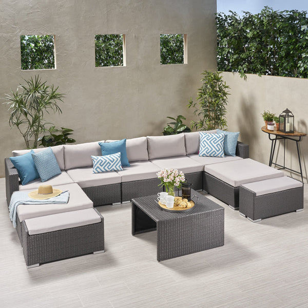 Outdoor 5 Seater U Shaped Wicker Sectional Sofa Set with Ottomans - NH569903