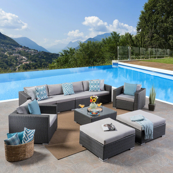 Outdoor 6 Seater Wicker Sectional with Aluminum Frame - NH707503
