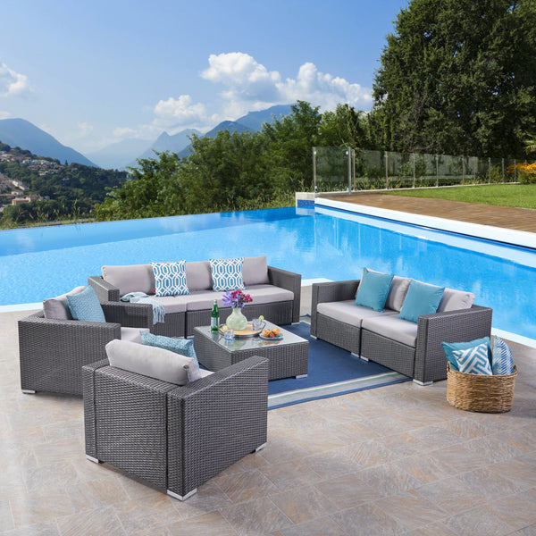 Outdoor 7 Seater Wicker Sofa Chat Set with Aluminum Frame and Cushions - NH333403