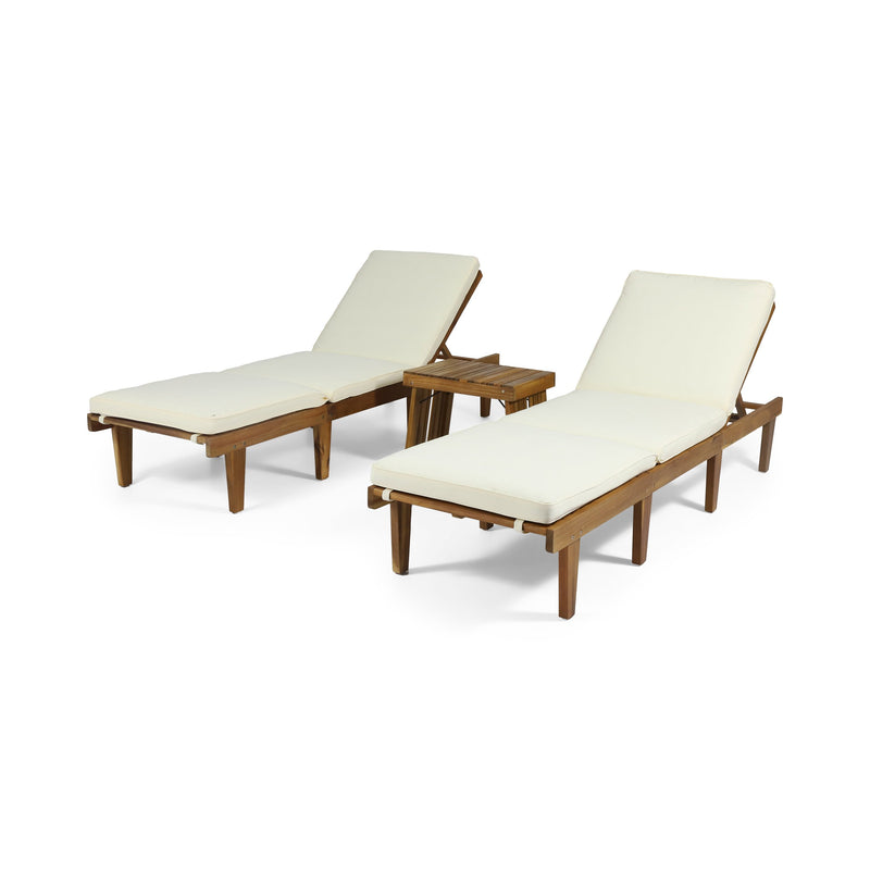 Outdoor Acacia Wood 3 Piece Chaise Lounge Set with Water-Resistant Cushions - NH247213