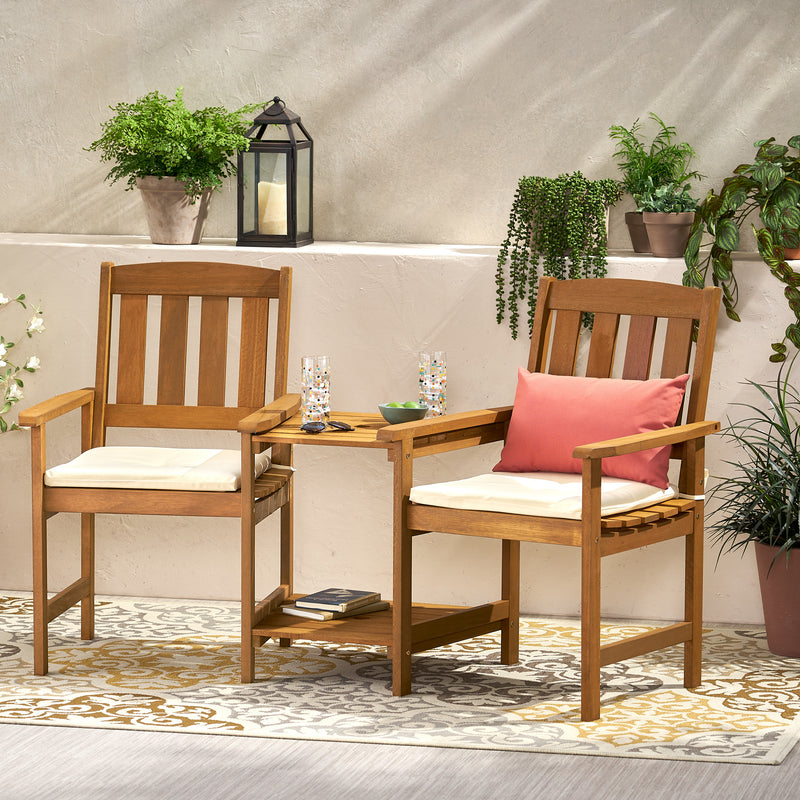Outdoor Wood Adjoining 2-Seater Chairs with Cushions - NH905692