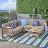 Outdoor Aluminum 5-Seater V-Shape Sectional Sofa Set with Ottoman, Silver and Khaki - NH343603
