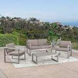 Outdoor 4 Piece Silver Rust-Proof Aluminum Chat Set with Khaki Water Resistant Cushions - NH652403
