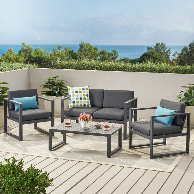 Modern Outdoor 4-Piece Dark Gray Aluminum Chat Set with Cushions - NH962792