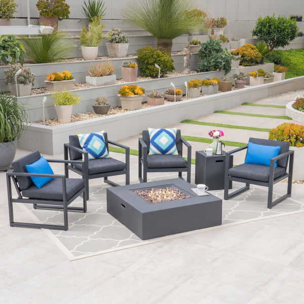 Outdoor 4-Seater Aluminum Chat Set with Fire Pit, Black and Dark Gray - NH309503