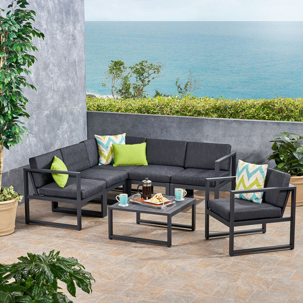 Outdoor Aluminum 6 Seater Sofa Set, Black and Dark Gray - NH286503
