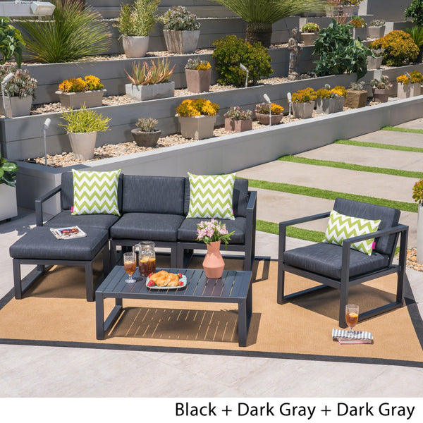 Outdoor 4-Seater Aluminum Sofa Set with Ottoman and Coffee Table, Black and Dark Gray - NH909503