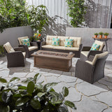 Outdoor 7 Seater Wicker Chat Set with Wood Finished Fire Pit - NH681503