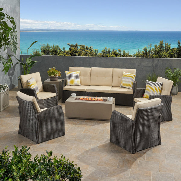 Outdoor 7 Seater Wicker Chat Set with Light Weight Concrete Fire Pit - NH412503