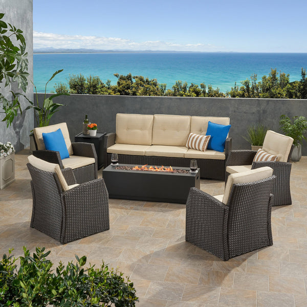 Outdoor 7 Seater Wicker Chat Set with An Iron Fire Pit - NH881503
