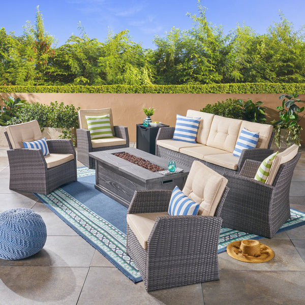 Outdoor 7 Seater Wicker Chat Set with Wood Finished Fire Pit, Gray and Gray - NH581503