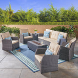 Outdoor 7 Seater Wicker Chat Set with Light Weight Concrete Fire Pit, Gray and Dark Gray - NH312503