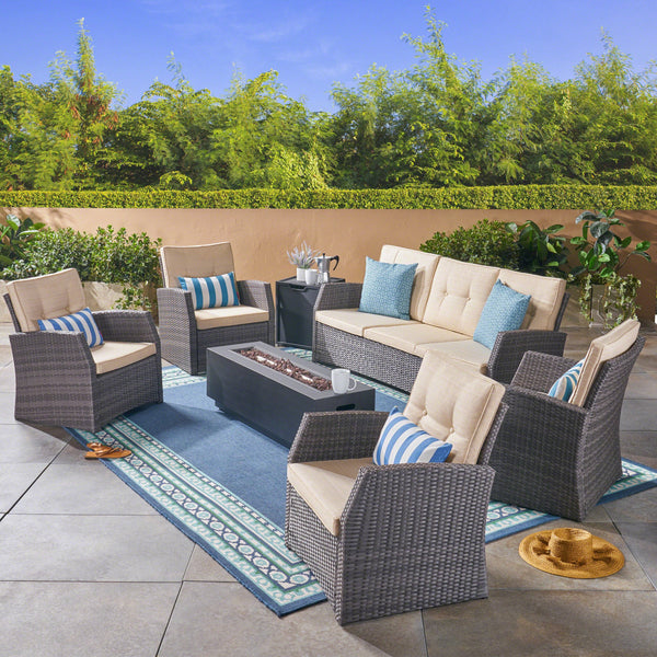 Outdoor 7 Seater Wicker Chat Set with an Iron Fire Pit, Gray and Dark Gray - NH781503