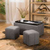 3pc Nested Tray Top Gray Fabric Storage Ottoman & Poufs - NH728692